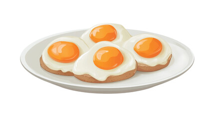Four fried eggs with runny yolks served on white plate with transparent background