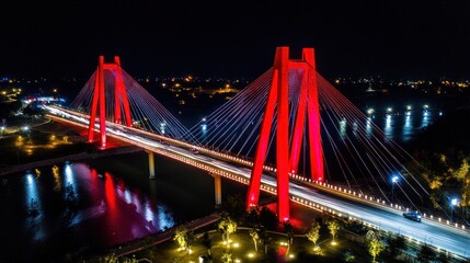 Obraz premium Night aerial view of illuminated red cable-stayed bridge spanning river, traffic visible.