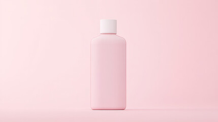 Pink plastic bottle with white cap against a pink background. Minimalist product photography.