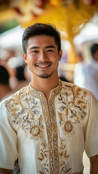 A man in Filipino barong tagalog, embroidered with intricate designs, standing proudly at a cultural celebration.