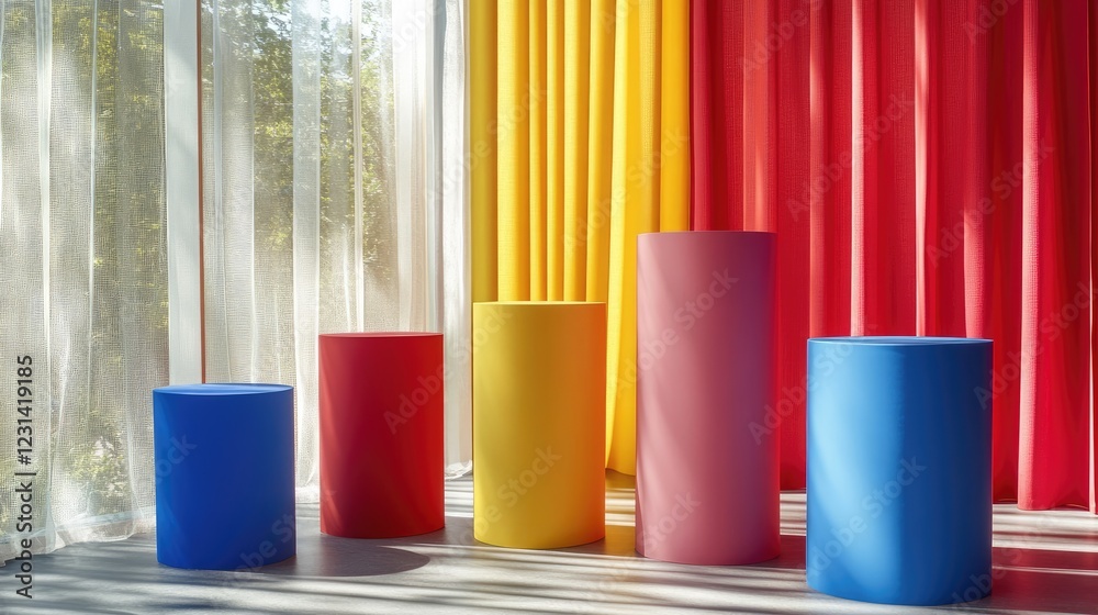 Poster red, blue, and yellow cylinder podiums against a window shade backdrop, offering a colorful and live