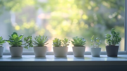 Succulents in white pots on a windowsill, bathed in sunlight.