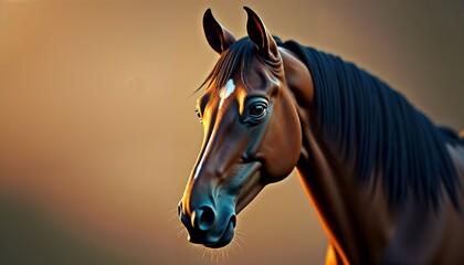 Portrait of a brown horse in warm light. nursery, pet, food, pet supplies, veterinarian, veterinary pharmacy, farm, rural background, training, equestrian sport, stable