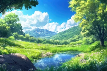 Gardinen Sunny valley meadow pond landscape, mountain background, idyllic scene © shafiyyah