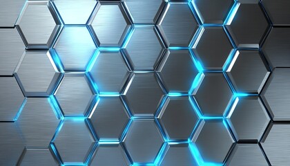 A futuristic metallic silver background with glowing blue hexagonal patterns
