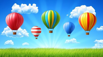 Obraz premium Five vibrantly colored hot air balloons ascend over a lush green field under a bright blue sky