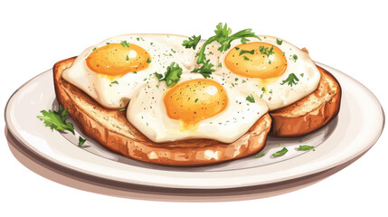 Delicious fried eggs on toasts with parsley and pepper on transparent background