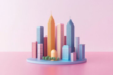 Obraz premium Paper city of buildings on pink background.
