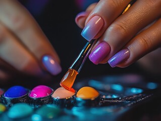 Close-up of hands applying nail polish with a brush, showing a colorful palette and ombre nails.
