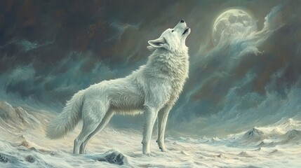 Arctic wolf howling at moon, snowy landscape, nighttime