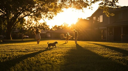 Family playing with dog in backlit sunset, suburban yard.