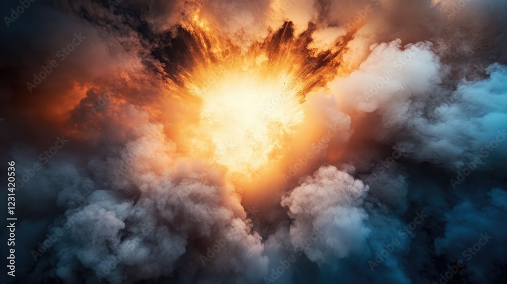 Poster thick smoke billowing outward in a dramatic explosion, leaving the center open for adding text or im