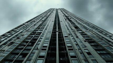 Low-angle view of a towering skyscraper against a dramatic, overcast sky.