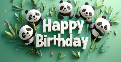 Fototapeta premium 3D illustration with Happy Birthday greeting text where the letters are surrounded by playful pandas and bamboo shoots, a soft black and white contrast on a bright green background.