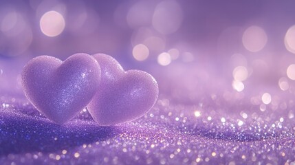 Fototapeta premium Two soft purple hearts on a purple glitter background, featuring blurred shimmering elements for a whimsical and romantic design with a touch of magic
