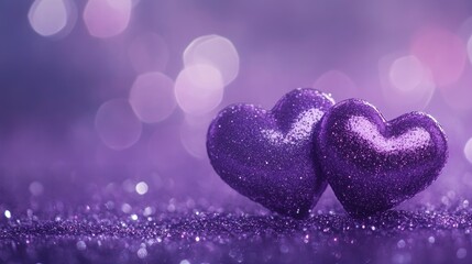 Fototapeta premium Two sparkling purple hearts on a shimmering purple glitter background, creating a dreamy and romantic atmosphere with blurred shiny details