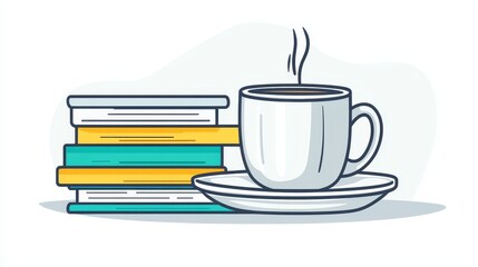 Pixel art depiction of a steaming cup of coffee beside a stack of books