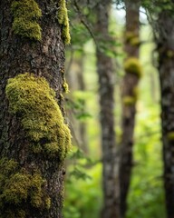 Obraz premium Lush green moss on tree bark in a forest.