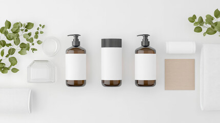 Amber bottles with white labels and minimalist design.  Perfect for branding mockups.