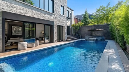 Modern house backyard pool, sunny day, luxury home sale