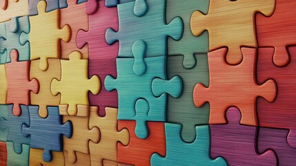 Colorful wooden jigsaw puzzle pieces background.