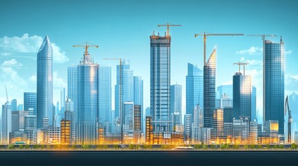 Naklejka premium Panoramic View of a Modern City Skyline with Skyscrapers under Construction