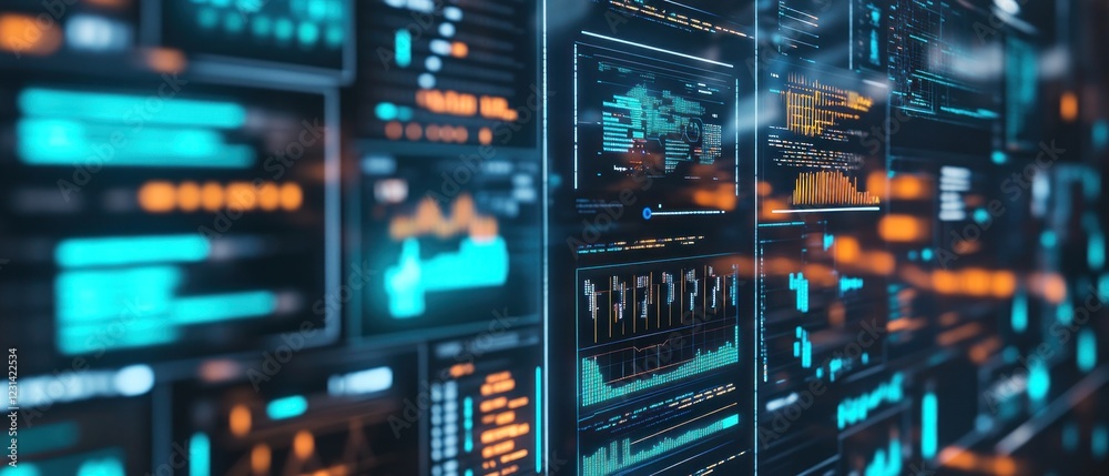 Poster futuristic data visualization dashboard with glowing graphs