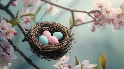 Fototapeta premium Spring Bird Nest Eggs Blossom Branch Easter