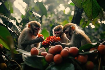 Three monkeys sharing fruit in lush jungle foliage.
