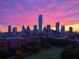Vibrant sunrise over a city skyline with skyscrapers and parkland.