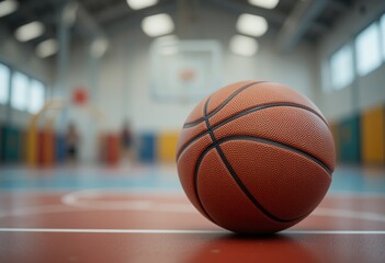 A Basketball on a court with people blurred in the background sports equipment