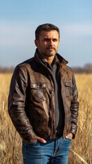 A man with a rugged look, wearing a leather jacket and jeans, standing in a field of tall grass under a clear blue sky.