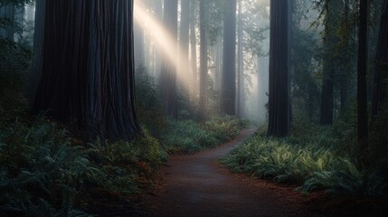 Fototapeta premium Sunbeam illuminates path through misty redwood forest.