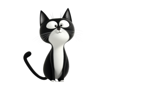 Cartoon black and white cat sitting and smiling on transparent background