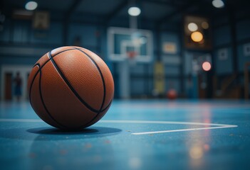 Naklejka premium A basketball resting on a blue court floor with blurred background