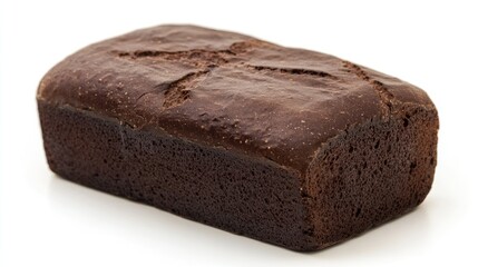 A loaf of dark brown bread, crusty and rectangular, isolated on a white background.