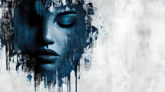A bold artistic makeup concept with a painterly effect of blue and teal shimmer smeared onto a canvas