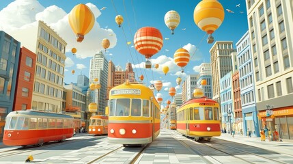 Whimsical Cityscape Retro Trams and Colorful Hot Air Balloons Soaring Above City Streets