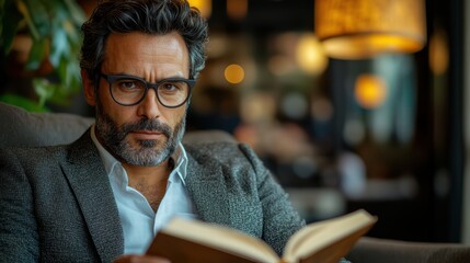A man with a well-groomed beard and glasses sits in a modern coffee shop, reading a book with a determined look on his face.