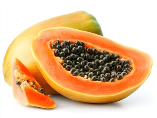 Ripe papaya cut in half, showing seeds and flesh, with a small slice beside it, isolated on white background.