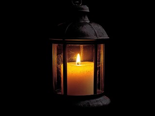 A lit candle inside an antique lantern against a black background.