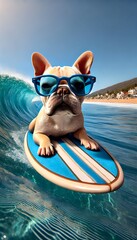 French bull is surfing 
