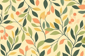 Seamless pattern of stylized leaves and berries in muted orange, green, and yellow hues on a pale yellow background.