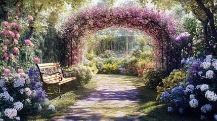 Fototapeta premium Tranquil floral arch garden path bench spring