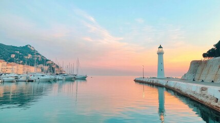 Fototapeta premium Serene harbor scene at sunset with soft pastel colors reflecting