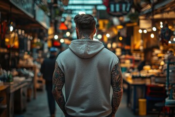 Fototapeta premium A man with tattoos on both arms, wearing a casual hoodie and jeans, walking through a lively market, with his tattoos exposed.