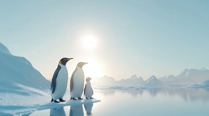 Fototapeta premium Penguin Family Gazing at the Horizon: A trio of penguins, including a curious chick, stands on an iceberg, gazing out at the frozen landscape and the sun glistening on the icy water.