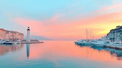 Fototapeta premium Serene harbor at sunset, featuring lighthouse and calm waters re
