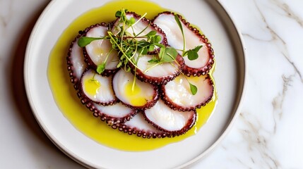 Sliced octopus drizzled with olive oil, garnished with fresh her