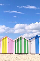 Colorful beach huts lined up under bright blue sky with fluffy c